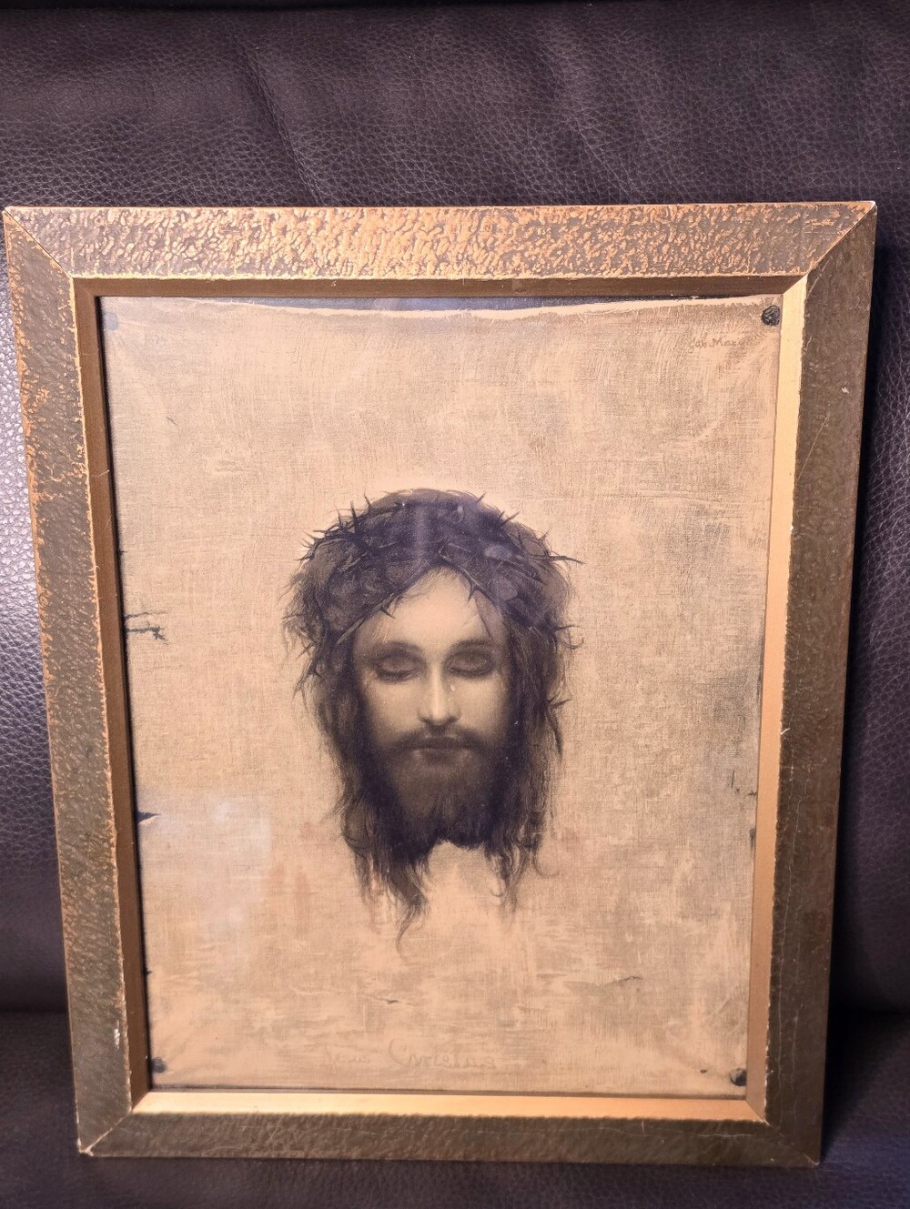 Vintage JESUS CHRISTUS Gold Framed Religious Wall Art - Serene Bearded Portrait